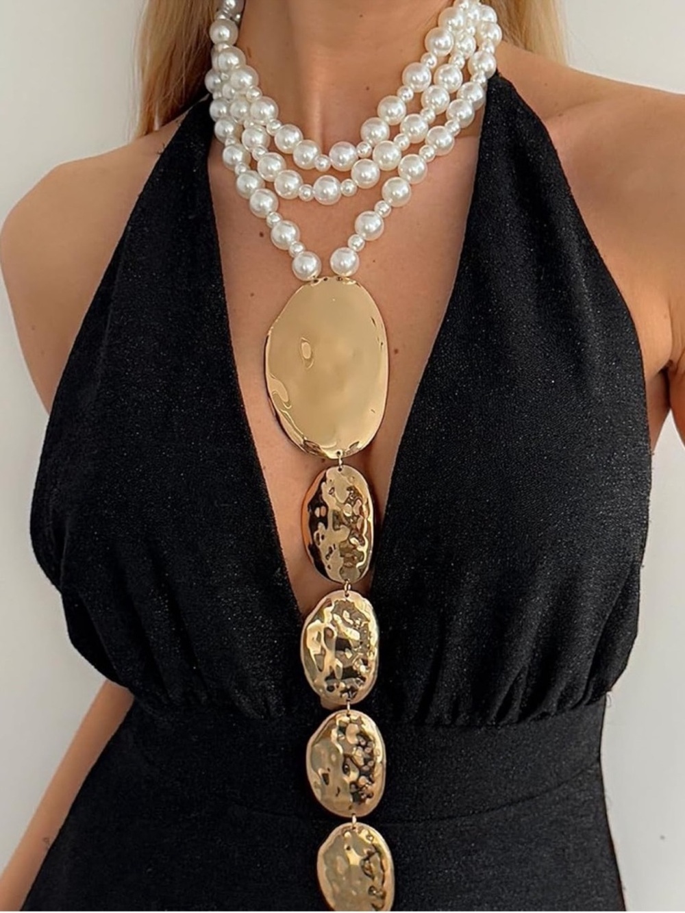 Layered Pearl Statement Necklace Gold Tone Hammered Disc Long Pendant Jewelry